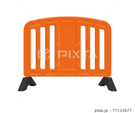 Orange road barrier. Plastic traffic obstacle isolated on white background. Work zone safety. Warning under construction sign. Vector cartoon illustration Orange road barrier. Plastic traffic obstacle isolated on white background. Work zone safety. Warning under construction sign. Vector cartoon illustration 77113677