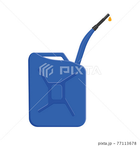 Fuel jerrycan with spout and pouring petrol drop. Blue gasoline canister isolated on white background. Vector cartoon illustration 77113678