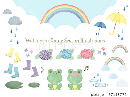 梅雨 水彩 手描き カットイラスト セットのイラスト素材