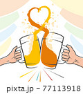 Clink glasses with beer for cheers. Splashes create a love heart shape. Hands of a man and a woman are holding beer mugs. Banner for Beer fest Oktoberfest. Wide contour lines. Vector illustration. 77113918
