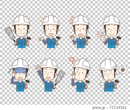 Facial expression pose set of a carpenter man wearing a helmet Facial expression pose set of a carpenter man wearing a helmet 77114561