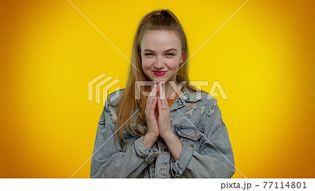 Sneaky cunning girl with tricky face scheming evil plan, thinking over villain idea, jokes, pranks Sneaky cunning girl with tricky face scheming evil plan, thinking over villain idea, jokes, pranks 77114801