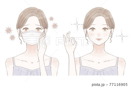 風邪 インフルエンザにかかった女性のビフォーアフターのイラスト素材