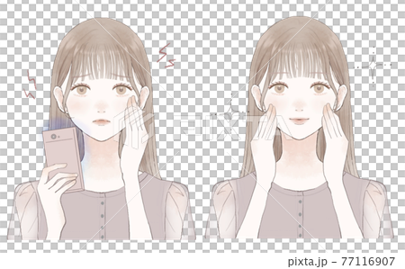 Before and after of a woman who was suffering from eye strain and vision loss due to blue light on her smartphone Before and after of a woman who was suffering from eye strain and vision loss due to blue light on her smartphone 77116907