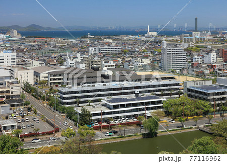 丸亀城から見る丸亀市街と瀬戸内海（大手前丸亀中学校・高校、ゴールドタワー、瀬戸大橋） 77116962