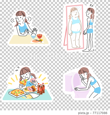 一位患有飲食失調症的年輕女性的 4 件套插圖，只需輕輕一按 77117086