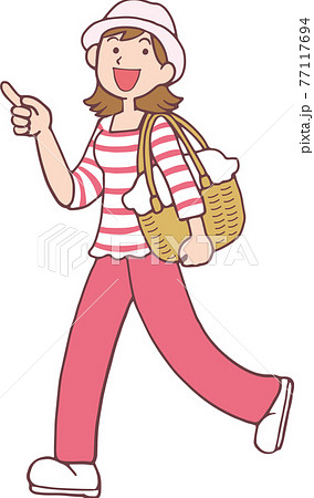 ピクニックバッグを持った歩く女の人のイラスト素材