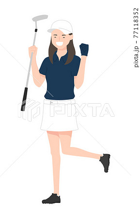 スポーツのゴルフのイラスト。パターを持って喜んでいる若い女性。 77118352