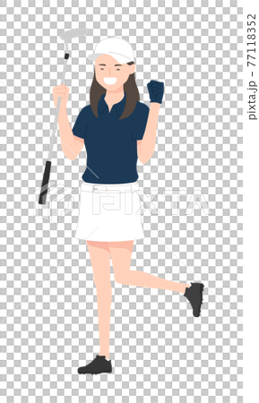 スポーツのゴルフのイラスト。パターを持って喜んでいる若い女性。 77118352