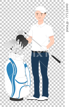 スポーツのゴルフのイラスト。キャディバッグとゴルフクラブを持っている若い男性。 77118440