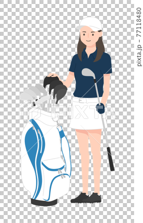 ゴルフクラブを持ってる女性のイラスト。大きなキャディバッグとゴルフウェアの若い女性。 ゴルフクラブを持ってる女性のイラスト。大きなキャディバッグとゴルフウェアの若い女性。 77118480