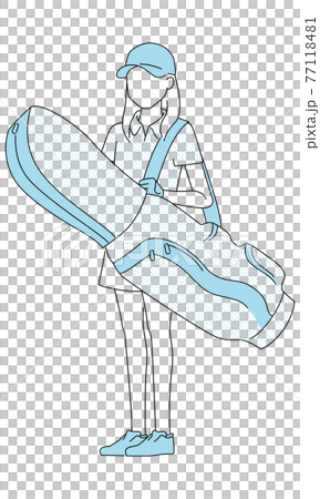 ゴルフバッグを持ってる女性のイラスト。大きなキャディバッグを抱えた、ゴルフウェアの若い女性。 77118481