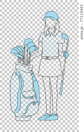ゴルフクラブを持ってる女性のイラスト。大きなキャディバッグとゴルフウェアの若い女性。 77118483