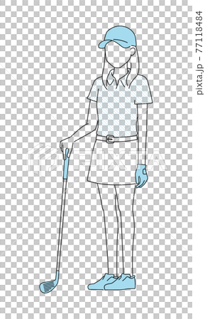 ゴルフウェアを着た女性のイラスト。ゴルフクラブを持って立っている若い女性。 77118484