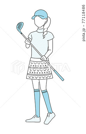 可愛いゴルフウェアを着た女性のイラスト ゴルフクラブを持って立っている若い女性 のイラスト素材