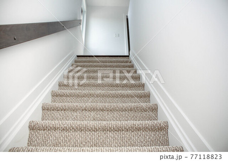 Top view of Staircase in the modern house with brown carpet, walk through ground floor Top view of Staircase in the modern house with brown carpet, walk through ground floor 77118823