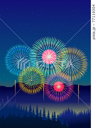 花火 星空 山 背景素材のイラスト素材