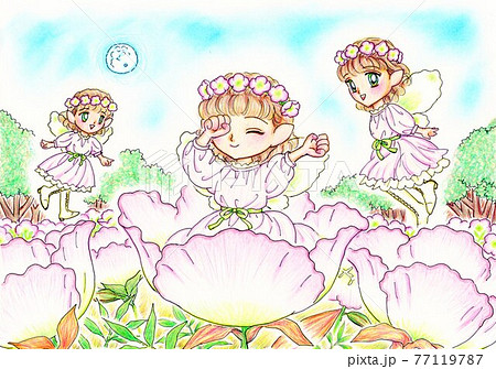 昼咲き月見草・ピンクの妖精たち 手描きのイラスト素材 [77119787] - PIXTA