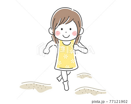 砂浜を水着で走る女の子のイラストのイラスト素材