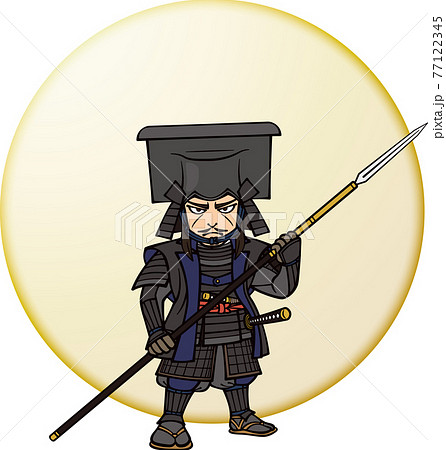 武装して槍を持って正面を向く黒田長政【白黒】のイラスト素材