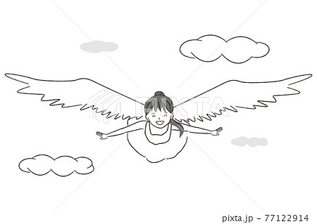 手描き1color 羽の生えた女の子が空を飛ぶ 天使のイラスト素材
