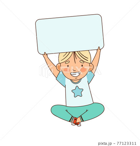 Little Girl Sitting and Holding Empty Rectangular Plaque Vector Illustration Little Girl Sitting and Holding Empty Rectangular Plaque Vector Illustration 77123311
