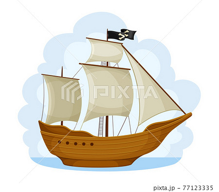 Pirate Ship with Sails and Flag with Crossed Bones Navigating Upon Water Vector Illustration 77123335