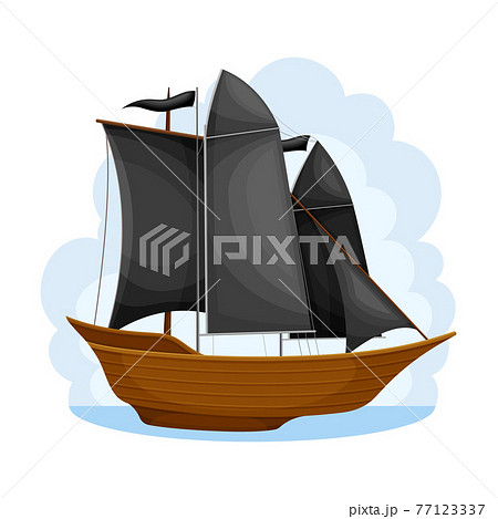 Pirate Ship with Black Sails and Square Rigged Mast Navigating Upon Water Vector Illustration 77123337