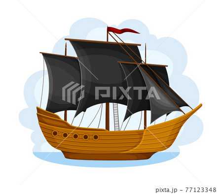 Pirate Sailing Ship with Square Rigged Masts Navigating Upon Water Vector Illustration 77123348