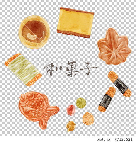 Japanese sweets baked sweets hand-painted watercolor style illustrations 77123521