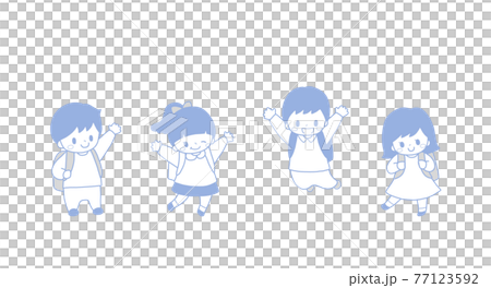 Hand-painted cold-colored illustrations of four cute elementary school students carrying school bags Hand-painted cold-colored illustrations of four cute elementary school students carrying school bags 77123592