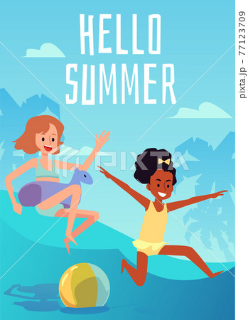 Summer banner or poster with children jumping in water, flat vector illustration. 77123709