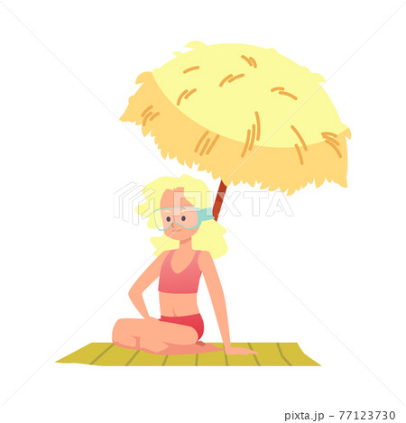 Child girl under sun umbrella by the sea, flat vector illustration isolated. 77123730