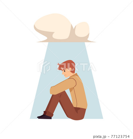 Lonely upset man character under rain cloud, flat vector illustration isolated. 77123754