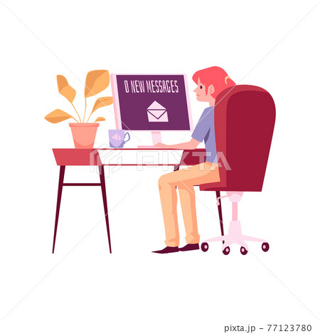 Lonely unhappy woman waiting for messages, flat vector illustration isolated. 77123780
