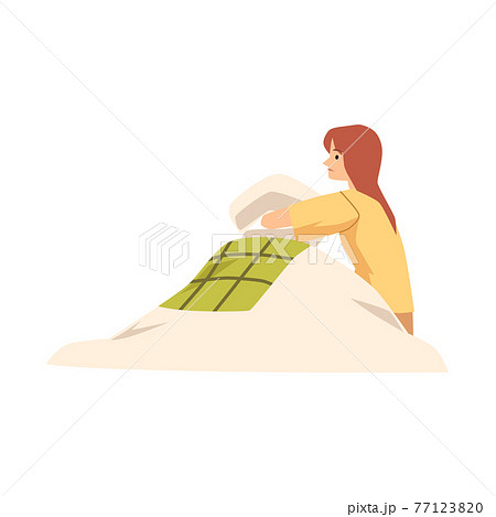 Lonely sleepless woman sitting under blanket, flat vector illustration isolated. Lonely sleepless woman sitting under blanket, flat vector illustration isolated. 77123820