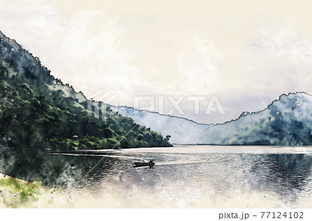 Abstract colorful shape on tree and field landscape in Thailand on watercolor illustration painting background. 77124102