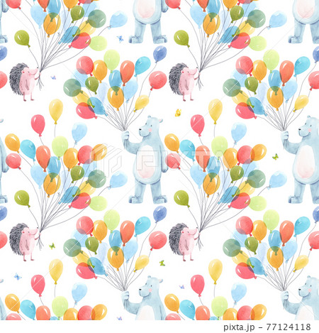 Beautiful baby birthday seamless pattern with hand drawn watercolor cute hedgehog bear animals and air baloons. Stock illustration. Beautiful baby birthday seamless pattern with hand drawn watercolor cute hedgehog bear animals and air baloons. Stock illustration. 77124118