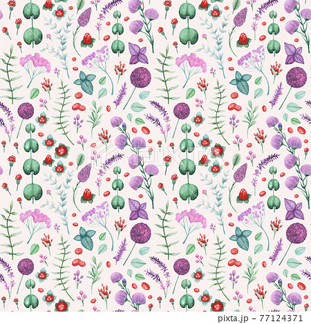 Watercolor Garden Flowers and Herbs Seamless Pattern Watercolor Garden Flowers and Herbs Seamless Pattern 77124371