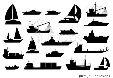 Boats silhouette. Sailboat, barge, fishing and cruise ship, sea yacht, passenger and cargo vessel icons. Nautical transport logo vector set 77125223