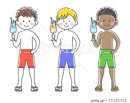 カクテルを持っている水着の男性のイラストセット カクテルを持っている水着の男性のイラストセット 77125712