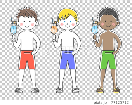 カクテルを持っている水着の男性のイラストセット カクテルを持っている水着の男性のイラストセット 77125712