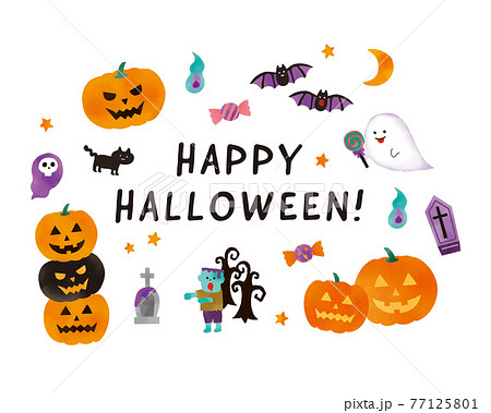 ハロウィンモチーフのかわいいイラストレーションセット ハロウィンモチーフのかわいいイラストレーションセット 77125801