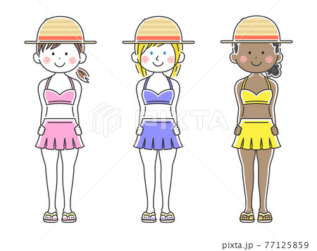 麦わら帽子をかぶった水着の女性のイラストセットのイラスト素材
