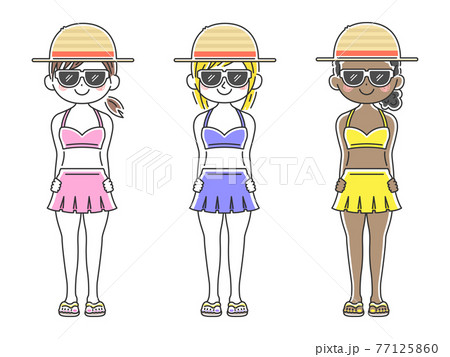 麦わら帽子をかぶった水着の女性のイラストセット 麦わら帽子をかぶった水着の女性のイラストセット 77125860