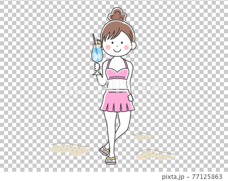一個穿著泳裝的女人拿著雞尾酒的插圖 77125863
