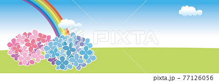 虹と自然と紫陽花 初夏梅雨の植物花 紫陽花のイラスト 自然風景バナーイラストのイラスト素材