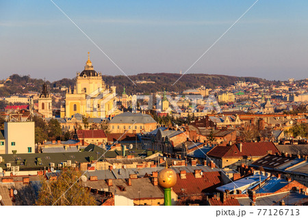 Aerial view of St. George's Cathedral and old town of Lviv in Ukraine. Lvov cityscape. View from bell tower of Church of Sts. Olha and Elizabeth 77126713
