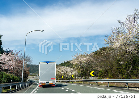 山口県 桜咲く山陽自動車道を走行中のトラック 山口県 桜咲く山陽自動車道を走行中のトラック 77126751