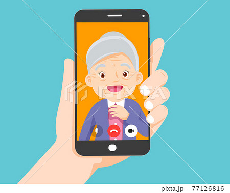 hand hold smartphone video call with grandparents 77126816